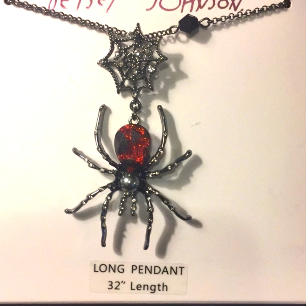 Betsey Johnson Hematite Tone Spider & Web Pendant Necklace with Crystal Accents